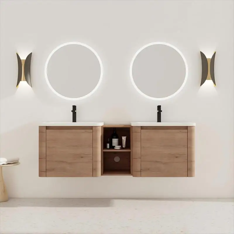 60" Wall-Mounted Bath Vanity with White Sink, Storage Shelves & Soft-Close Door, Plywood, KD Packing