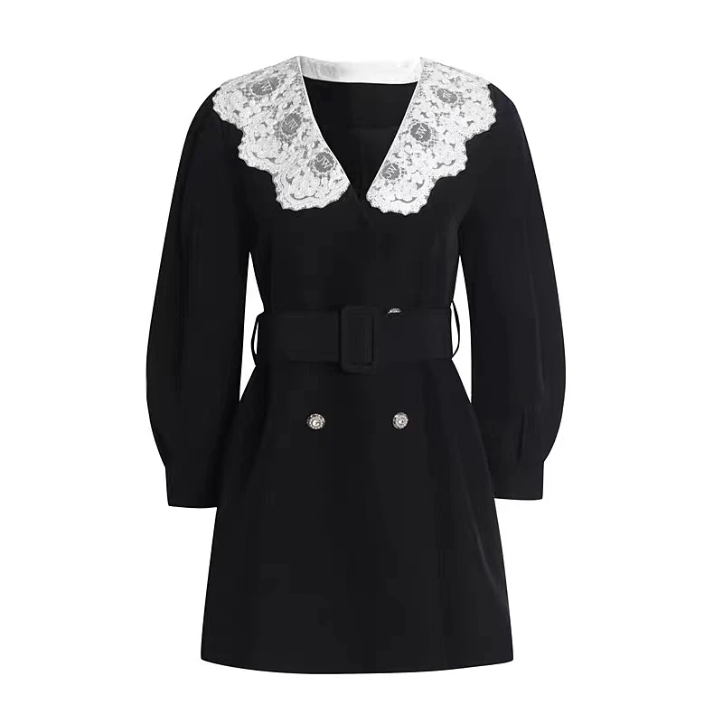 

Women's Runway Fashion Spring Summer Lace Collar Black Suit Dress Female High Waist Chic Party Slim Dress TB852