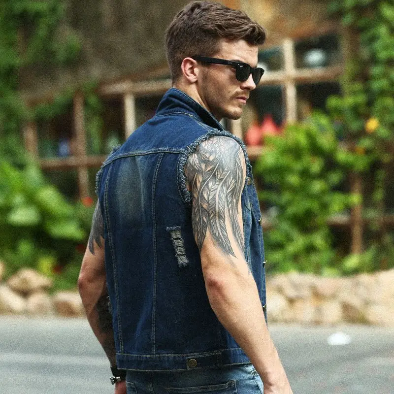 2024 New Men\'s Denim Jackets Vest Fashion Vintage Lapel Denim Vest High Street Trends Motorcycle Jersey Streetwear Men\'s Jackets