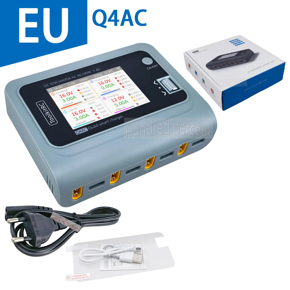 ToolkitRC Q4AC Ladegerät XT60 Adapter IPS hell mit klarem Weitwinkeldisplay 4x50 W 5 A AC 100 W 4-Port DC Smart Discharger AC DC 4