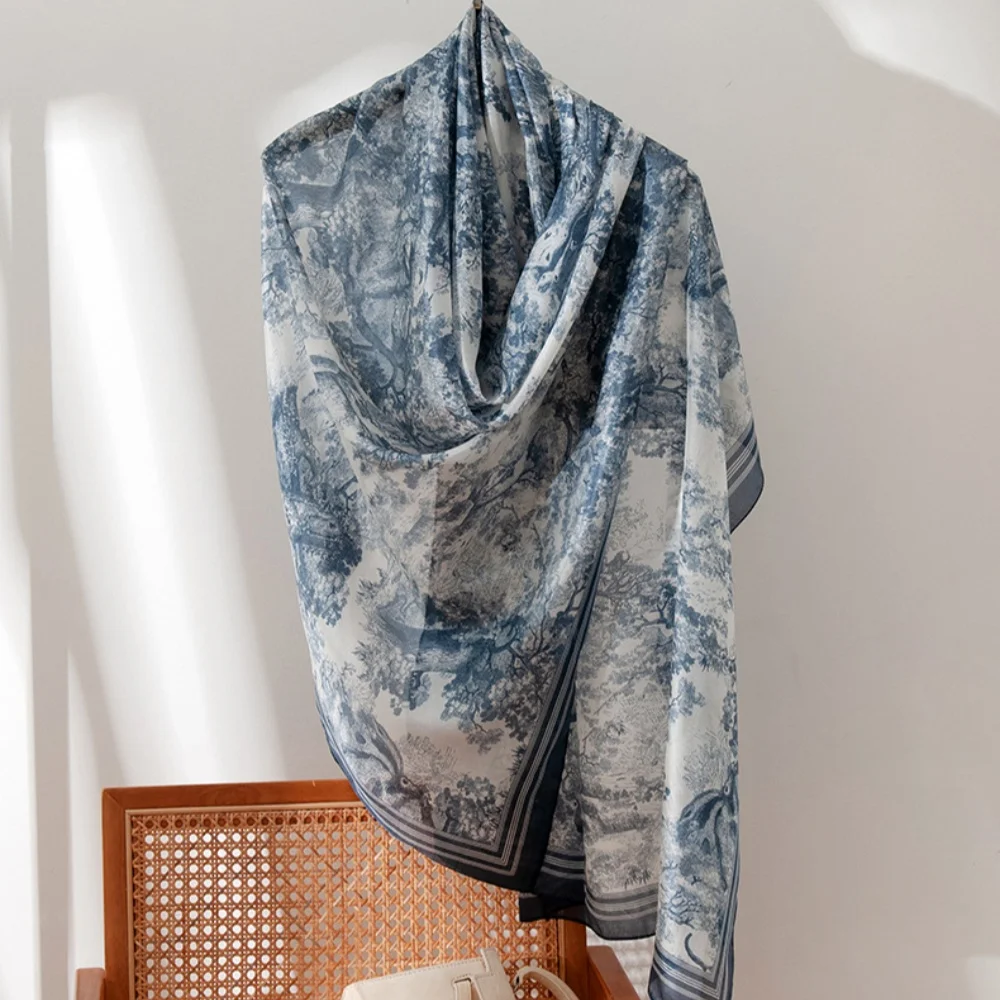 

2025 Long Strip Mulberry Scarf 100% Silk Blue Scarf High-End Artistic Style Sun Protection Large Lightweight Shawl for Women