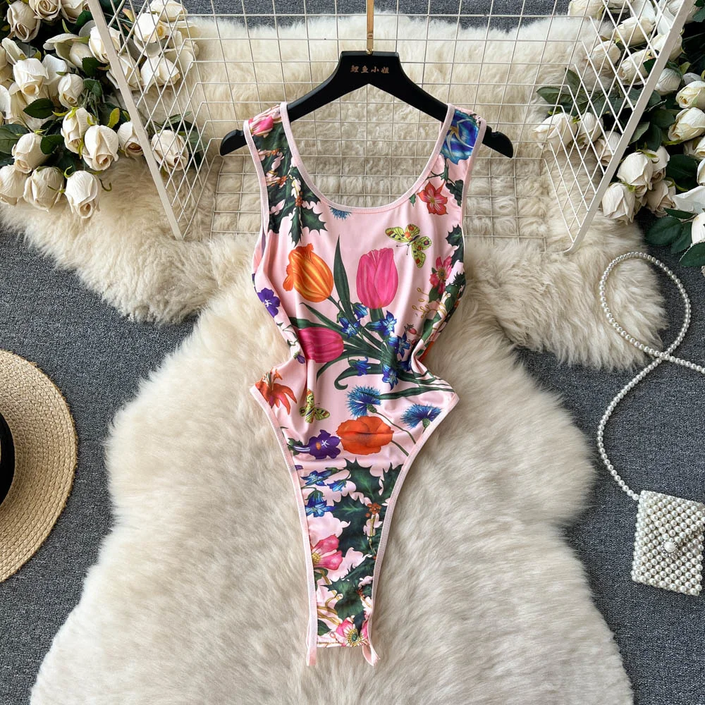 

European American Ins Sexy Printed Tank Top Vest Top High Fork One Piece Swimsuit For Women With Elastic Tight Fitting Bodysuit