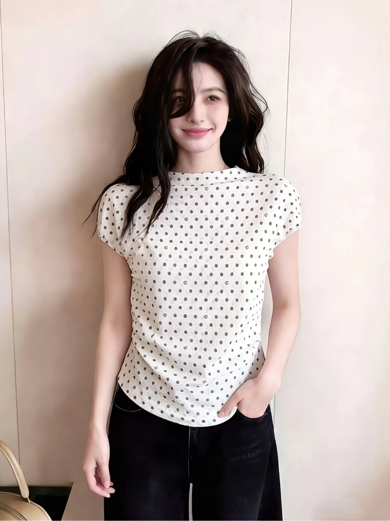 

plus Size Women's Retro Polka Dot Short Sleeve T-Shirt Summer New Style Slimming Versatile Design Korean Commute Style Top