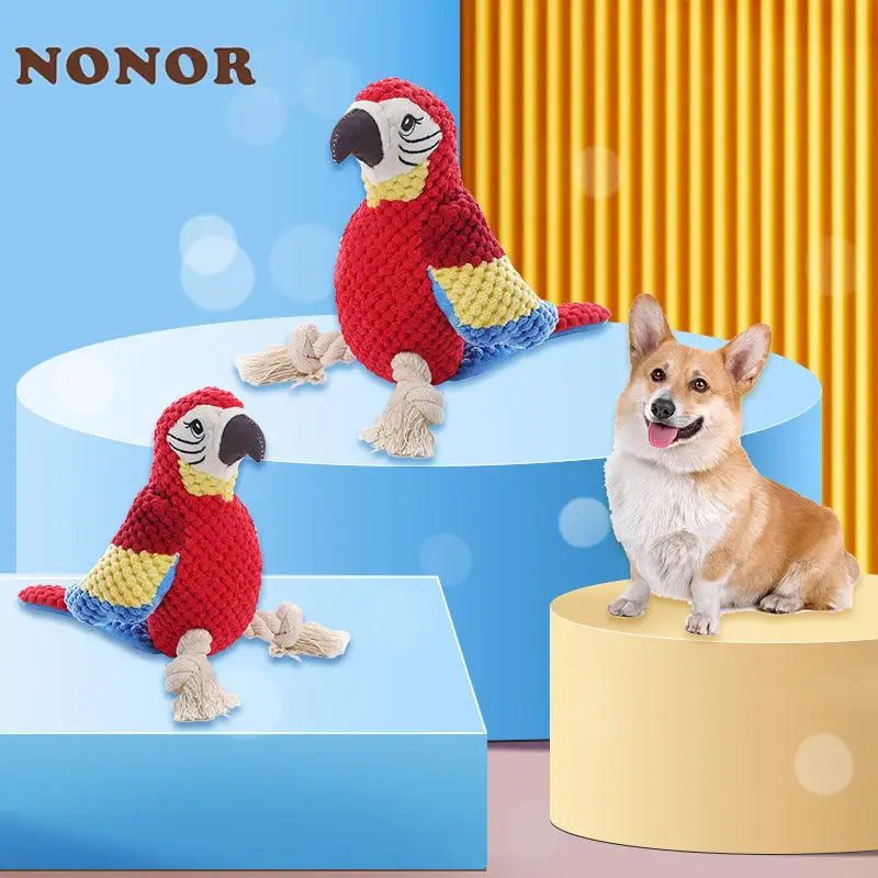 NONOR New Parrot Plush Toys Squeaky Interactive Stuffed Dog Toys With Rope Leg Dog Chew Toys