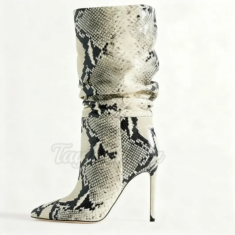 Python Print Stiletto Boots Shallow Slip On Luxury Mid-calf Booties Fashion High Heels Classic Autumn Winter Patchwork Shoes