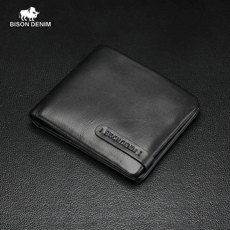 BISON DENIM Men's Wallet Leather Billfold Slim Cowhide Credit Card Holders Inserts Coin Purses Luxury Business Foldable Wallet