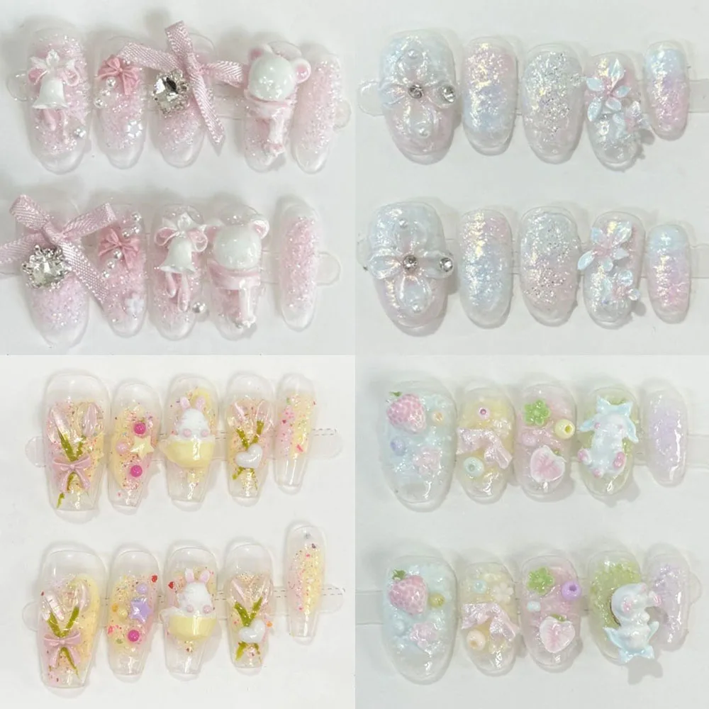Cute Sweet Girlish Style Glitter 3D Flower Bear Nail Art Bowknot Pearl Love Strawberry Diamond Round Fake Nails Birthday Gift
