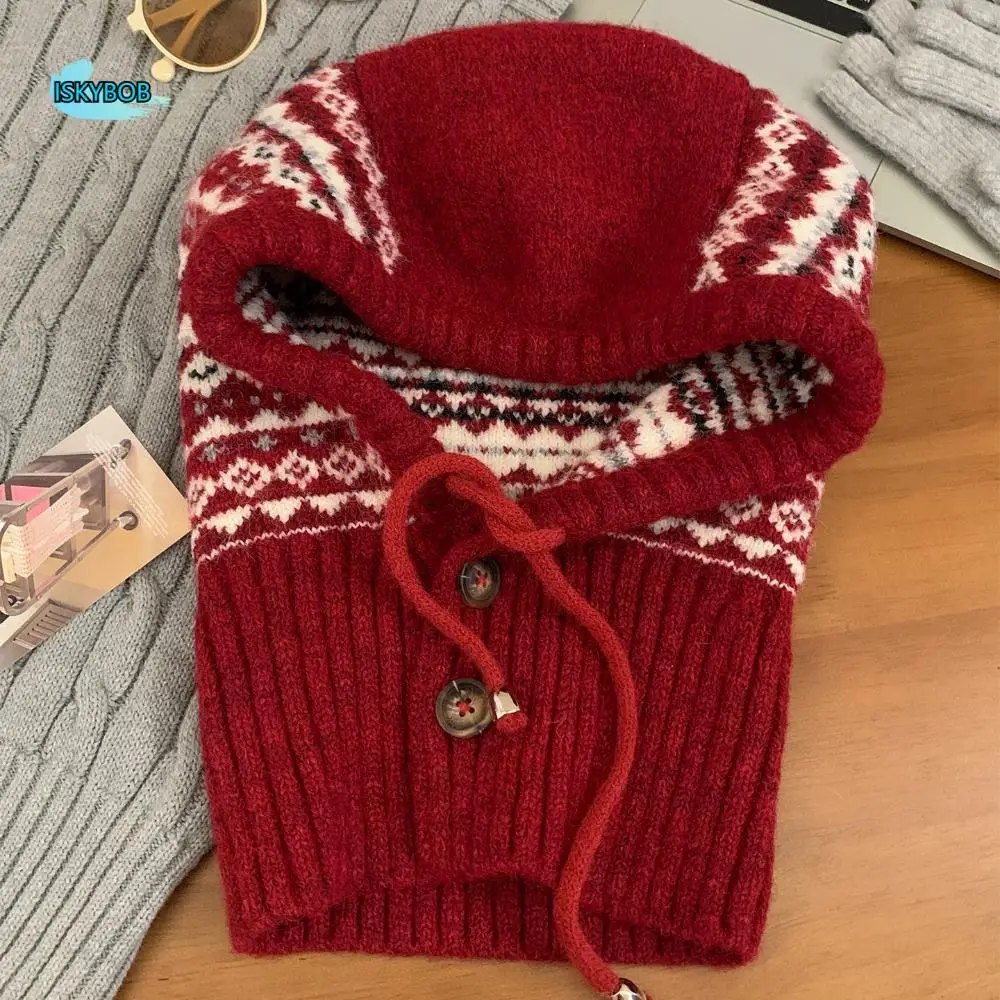 

Creative Pullover Hat Jacquard Balaclava Hat Printed Red Ear Protection Hat Thickened Beanie Fair Isle Style Knitted Hat Warm
