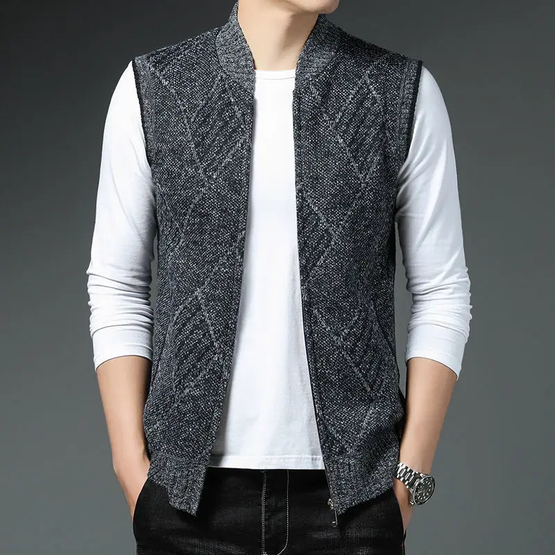 Men's Fashion Striped Knit Varsity Jacket Slim Fit No Sleeve Cardigan Vest Outerwear Autumn Winter Layering Top