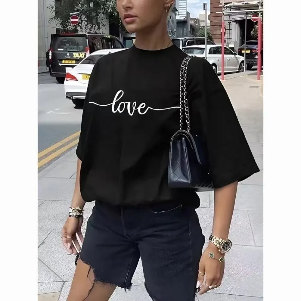 

100% Pure Cotton Retro Summer New Niche Black Lettered Short-sleeved Ins Loose and Versatile College Student Top