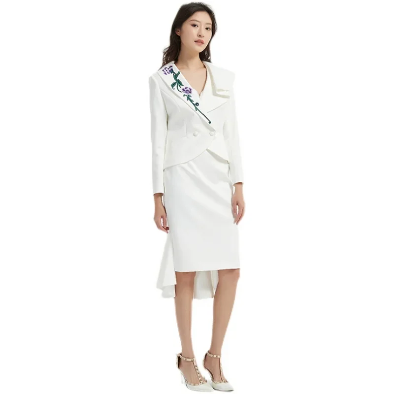 

New Design Women's Embroidery High End Customized Clothes Skirt Suits Blazers Chinese Style White Formal Clothing