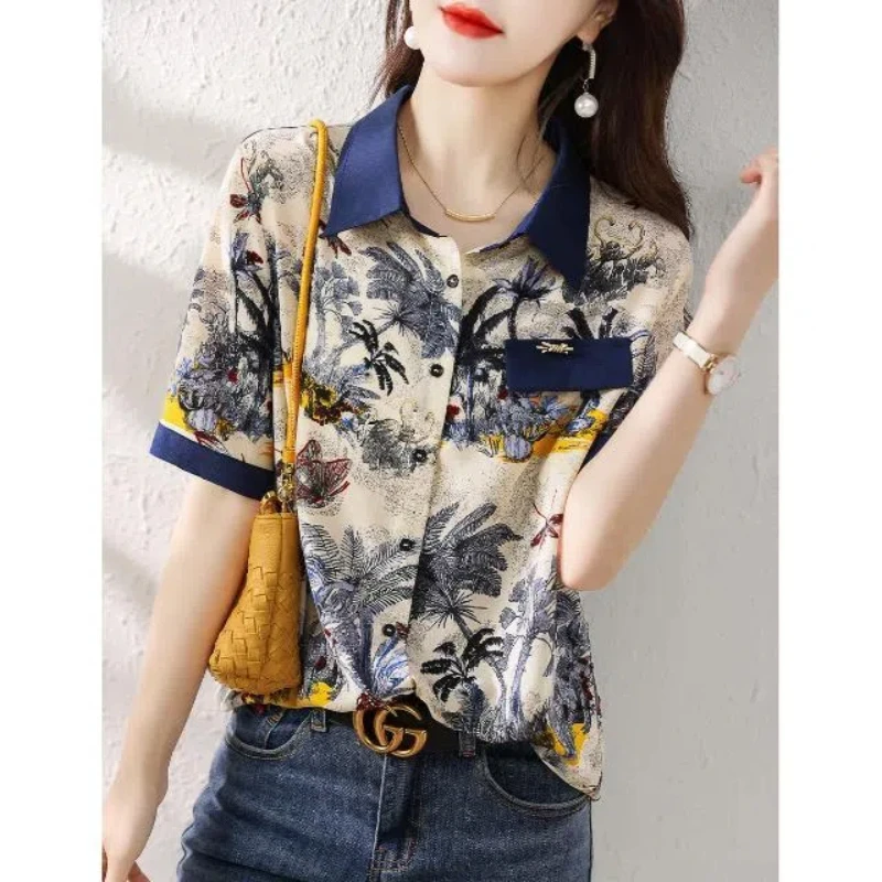 Plant&Flowers Cartoon Printing Women\'s Clothing Cardigan Short Sleeve Turn-down Collar Summer Button Up T-shirt Casual Tops