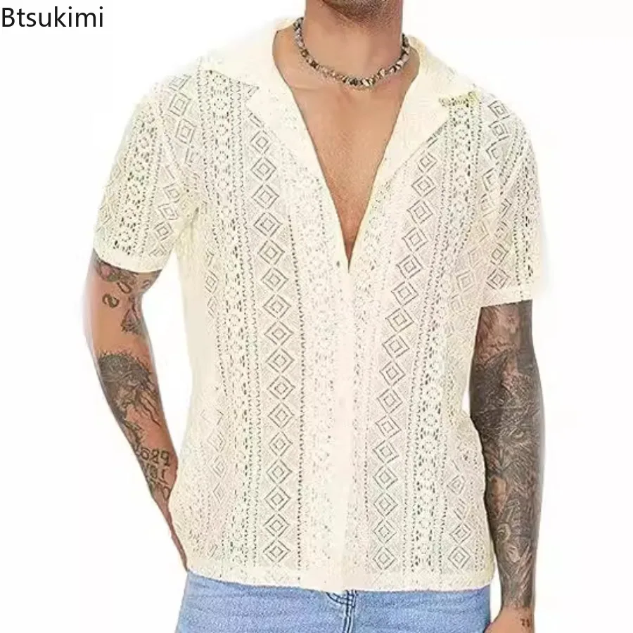 2026 Men's Lace Short Sleeved Shirt Solid Color Perspective Single Breasted Shirt Summer New Holiday Casual Hollow Tops for Men