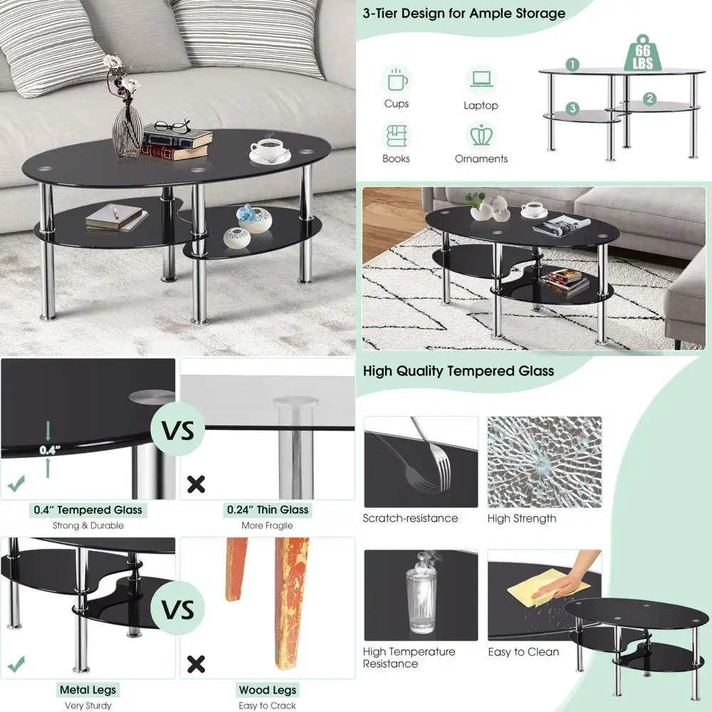 

Modern 3-Tier Oval Glass Coffee Table with Metal Legs, Open Shelves, Ideal for Living Room and Sofa Side Use