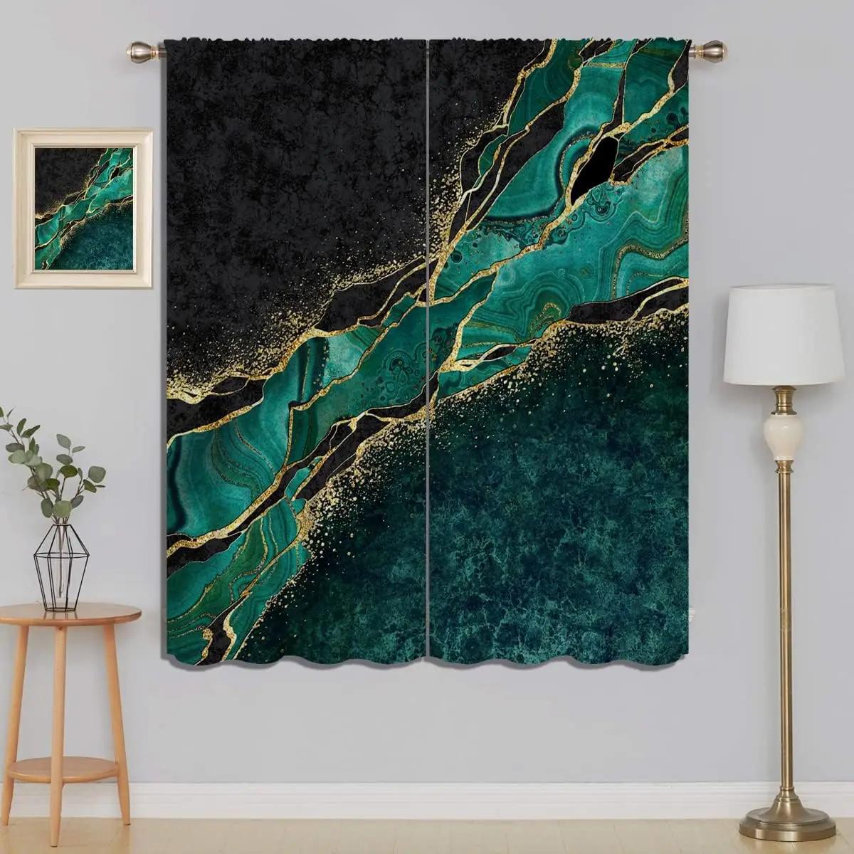 Black Green Malachite Marble Blackout Curtains for Boy Girl Bedroom Living Room Darkening Decor, Abstract Luxury Golden Texture
