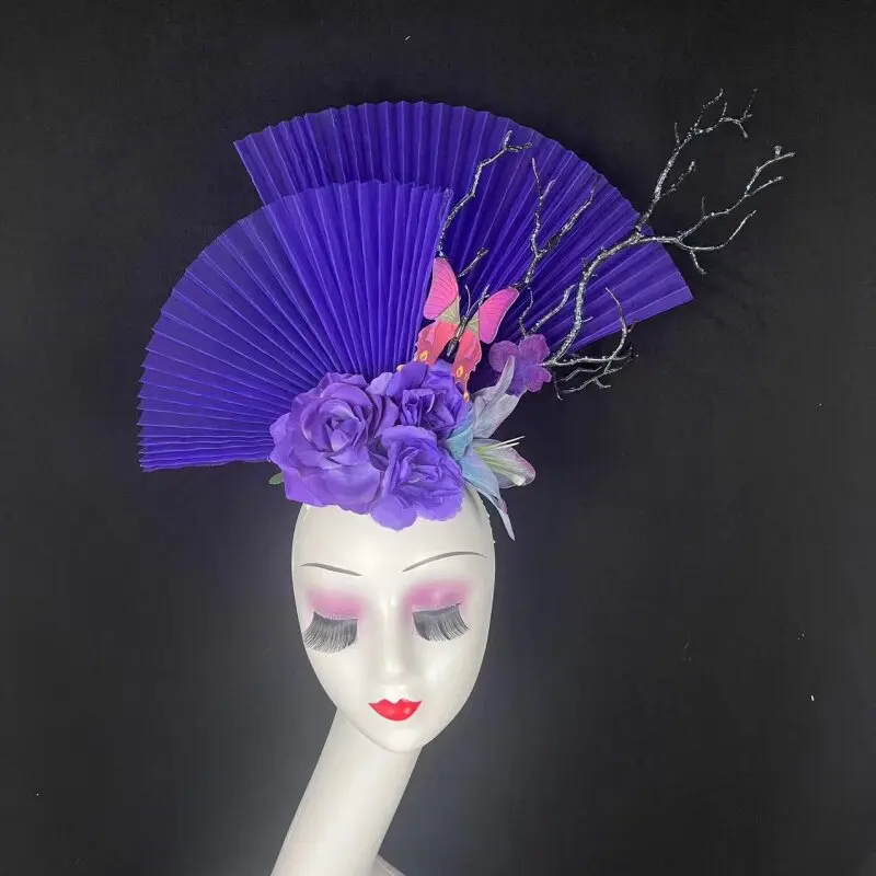 New Chinese Style Purple Flower Stage Model Runway Makeup Styling Fan Headwear Female
