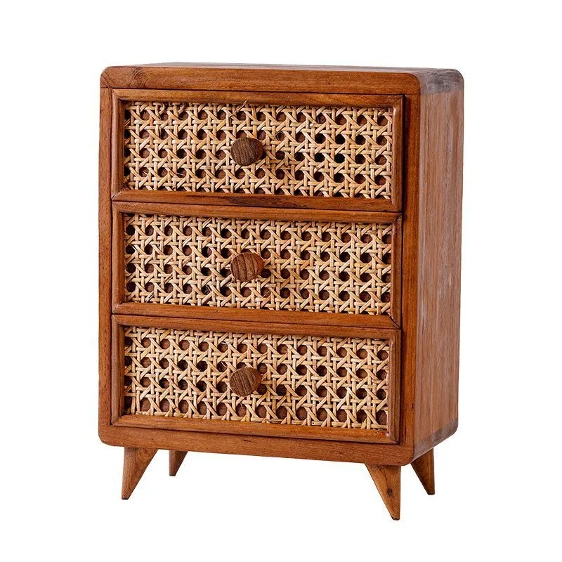 Storage Boxes Desktop Wooden Storage Cabinet Office Desk Rattan Small Drawer Sundries Storage Box Organizador De Maquillaje 4