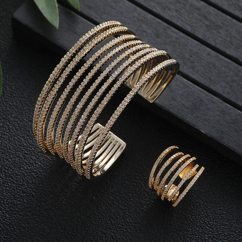Women Multi Layer Open Cuff Bracelet Ring Set Sparkling Cubic Zirconia Multi Band Bangle Ring Daily Jewelry