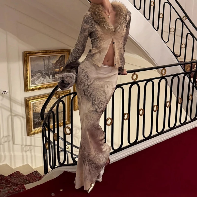 المرأة عادية كم طويل طباعة سليم 2 قطعة دعوى أنيقة أفخم المرقعة تنورة طويلة وتتسابق مثير الخامس الرقبة زر المحاصيل القمم وتنورة مجموعة #2