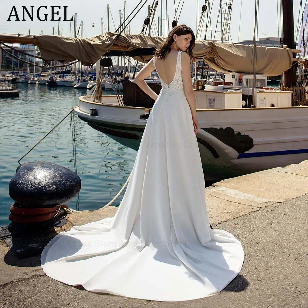 Anjo personalizado elegante a linha vestido de casamento para noiva trem varredura sem mangas apliques zíper vestidos de noiva novia