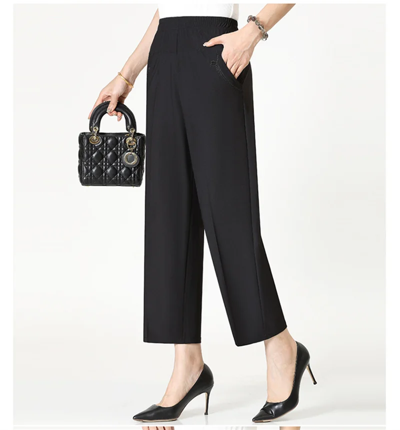 Extra Large Mom Summer Straight Pants Middle-Aged Women Elastic High Waist Grandma Ice Silk Cropped Pants Female Casual Pants