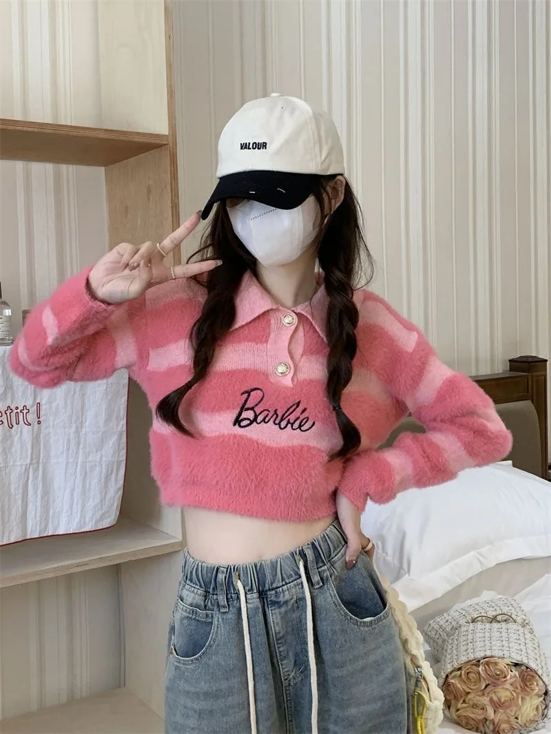 Korean Version Versatile Pink Long Sleeved Striped Knitted Sweater For Women, Loose Fitting Pullover, Gentle Style, Soft And