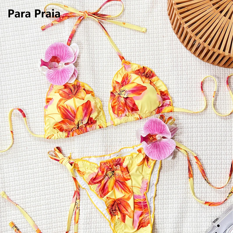 

Para Praia 3D Flower Halter Brazilian Strappy Bikini Set 2025 Women Swimwear Female Swimsuit Two-pieces Brazilian Beachwear