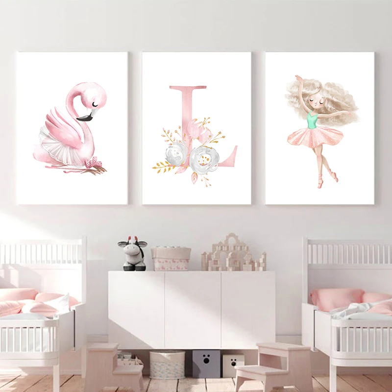 Pink Floral Alphabet Letters Name Poster and Prints Girl Swan Rabbit Cat Canvas Art Painting Nursery Picture Kid Baby Room Decor