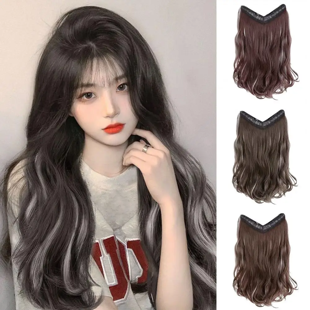 60cm One Piece Wig No Perm Fluffy V-Shaped Seamless Thicken Hairs Invisible Smooth Hair Extension Partial Dyeing Wig Ladies Use