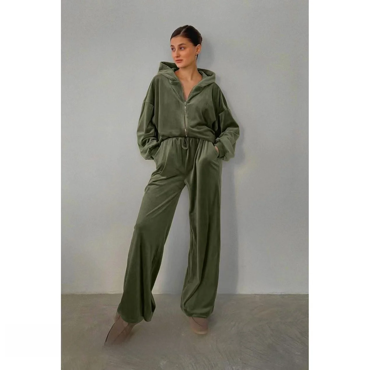 Faionable Hooded Top Wide Leg Pants Set Casual Outfit Polyester Fabric Autumn Collection New Arrival Women's Set