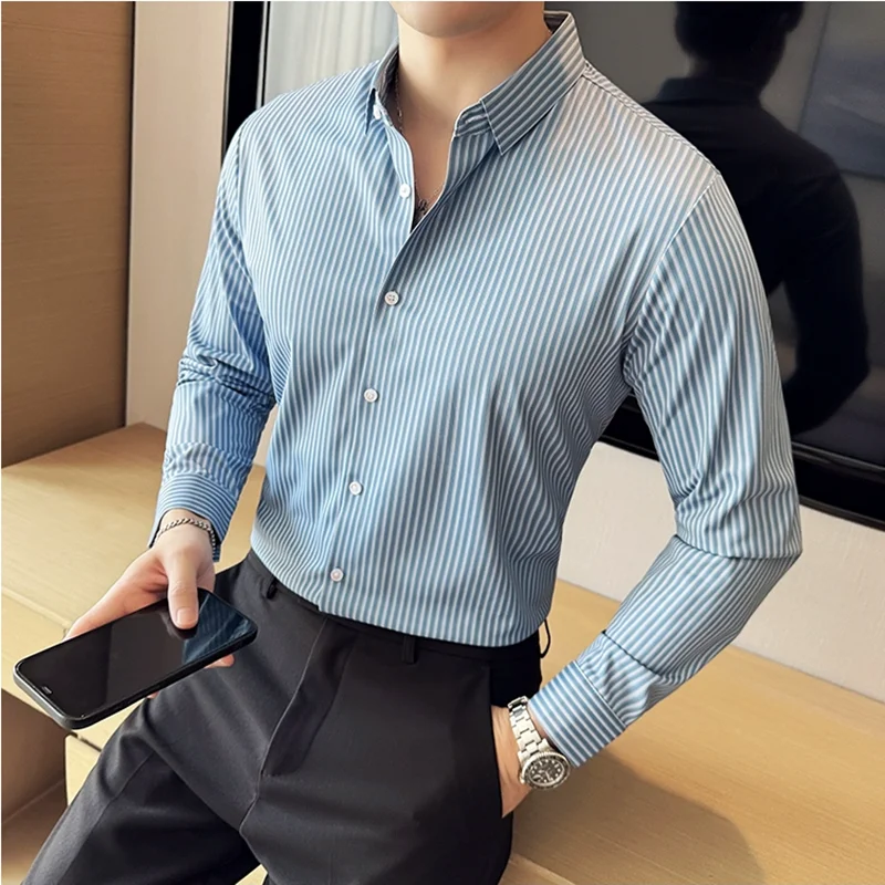 High Elasticity Traceless Pinstripe Shirts For Men Formal Business Slim Fit Casual Long Sleeve Quick Drying Social Shirt 4XL-M