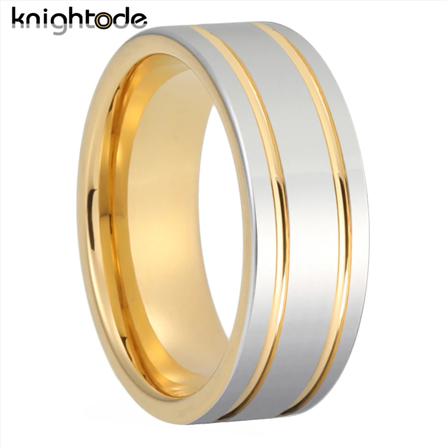 8mm Double Gold Color Grooved Tungsten Couples Wedding Band For Mens Womens Engagement Rings Silvery Flat Polished Shiny