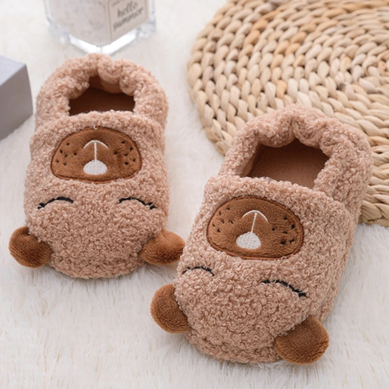 Toddler Boy Slippers for Kids Indoor Winter Cartoon Animal Bear Plush Warm House Footwear Soft Rubber Sole Home Shoes Baby Items