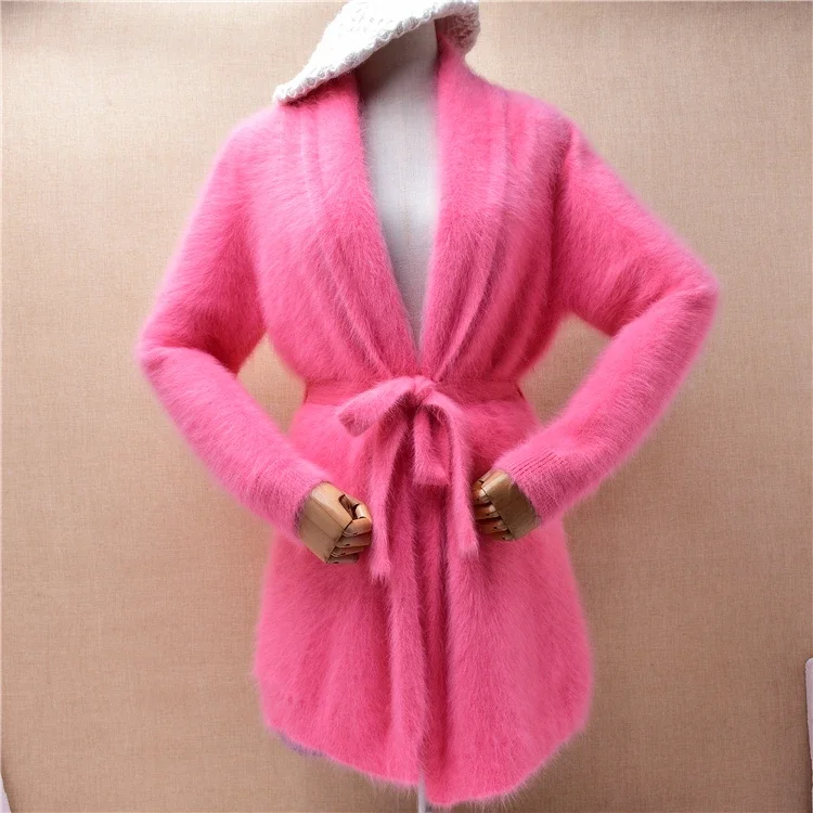 

Women Mujer Autumn Winter Clothing Pink Hairy Mink Cashmere Knitted Long Sleeves Loose Cardigans Belt Angora Fur Sweater Jacket