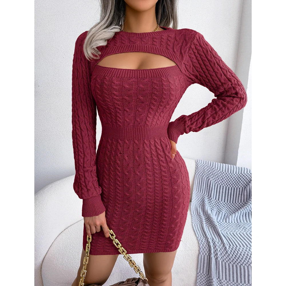 Mia Muse Vestidos de suéter para mujer Otoño Invierno Sexy ajustado de manga larga con cuello barco recortado SlimFit Mini vestidos