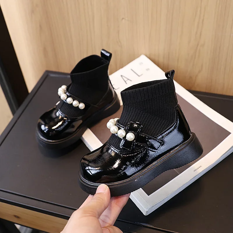 New Autumn Winter Girls Pearl Mid-calf Warm Boots Children Soft-soled Non-slip Princess Ankle Boots Kids Casual Mary Jane Shoes