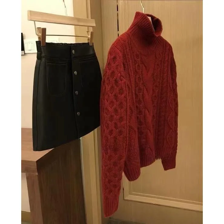 

Красный вязаный свитер с высоким воротником, зимняя мода для женщин, винтажный мягкий уютный накладный новогодний подарок, полиэстер