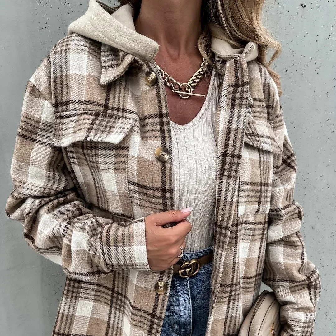 

Women's Fall/Winter 2024 Hooded Loose Plaid Button Jacket Casual, Versatile, Temperamental, Slouchy Sweatshirt Jacket