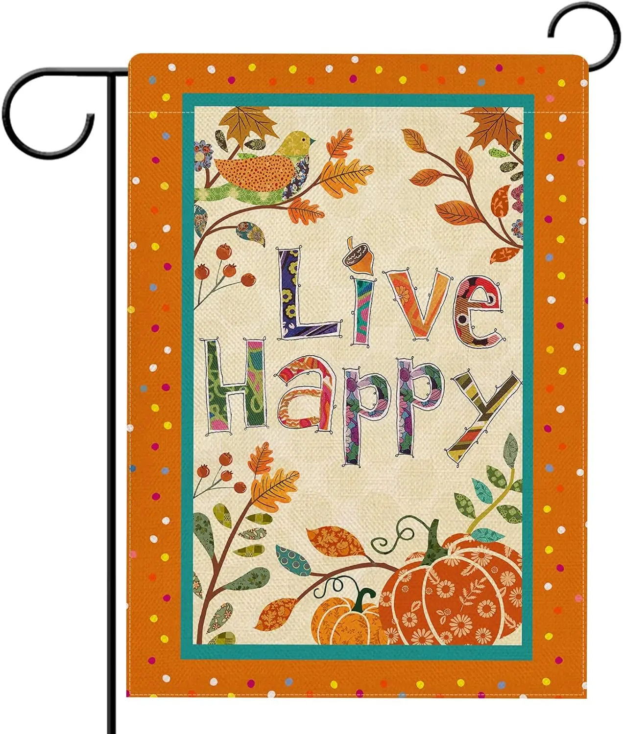 Hzppyz Live Happy Fall Garden Flag Double Sided, Inspirational Quote Autumn Pumpkin Bird Leaves Decorative Yard Outdoor Home yyi