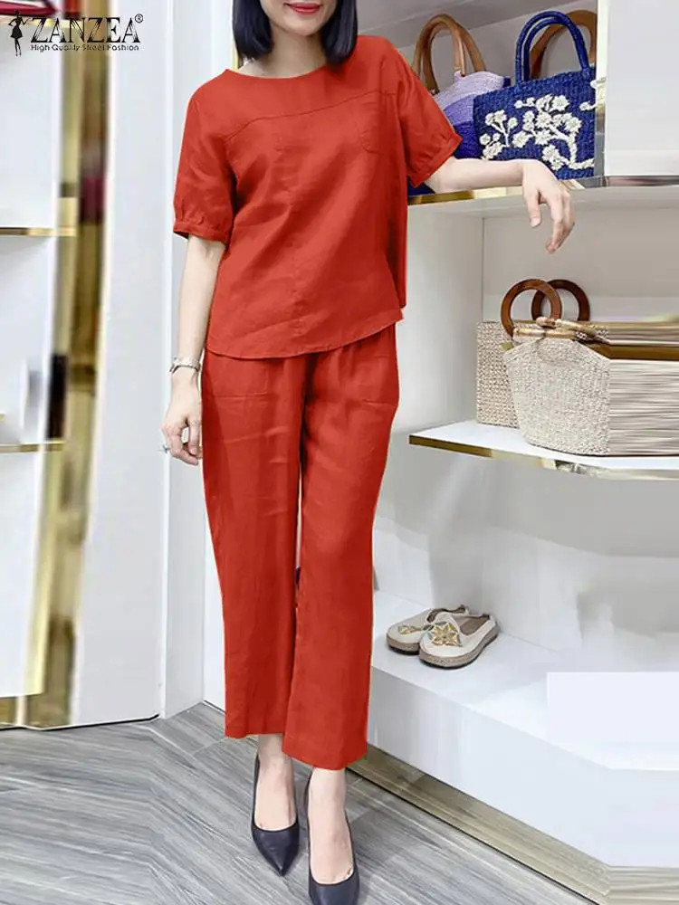 

2024 ZANZEA Woman Vintage OL Office Suit Half Sleeve O-Neck Blouse Loose Trousers 2pcs Elegant Solid Color Sets Casual Outifit