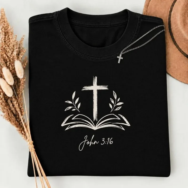 Christian John 3:16 Cross Open Bible Leaf Graphic T Shirt Unisex Religious Faith Short Sleeve Casual Tee Believer Gift Tops