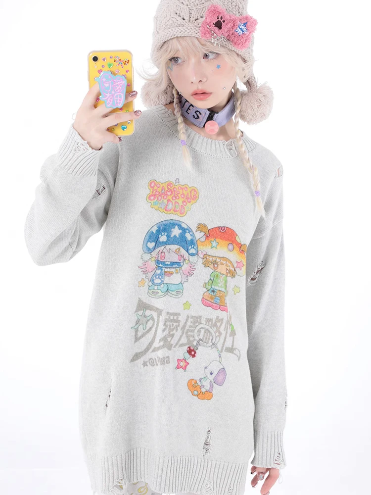 Y2k Aesthetic Cartoon Printing Harajuku Sweater Women Gothic Vintage Ripped Grunge Jumper Streetwear Oversize Hiphop Pullover