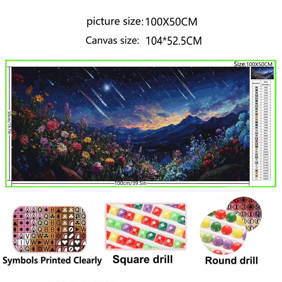 5D DIY Large Diamond Painting Cross Night Sky Shooting Stars Flowers Landscape Wall Art, Full Round Drill, Embroidery Home Decor