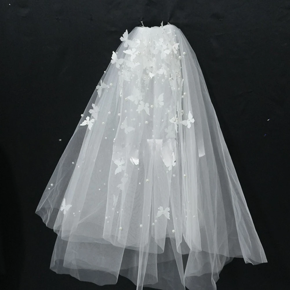 Wedding Shoulder Length Veil with Butterfly and Pearl Decoration Appliqued Two Layers Marriage Wedding Accessories Bride to Be