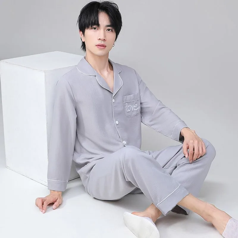 

2024 New Spring Men's Women's Soft Pajamas V-neck Loose Homewear Simple Casual Loungewear Cardigan Cute Doll Neck Nightwear Set