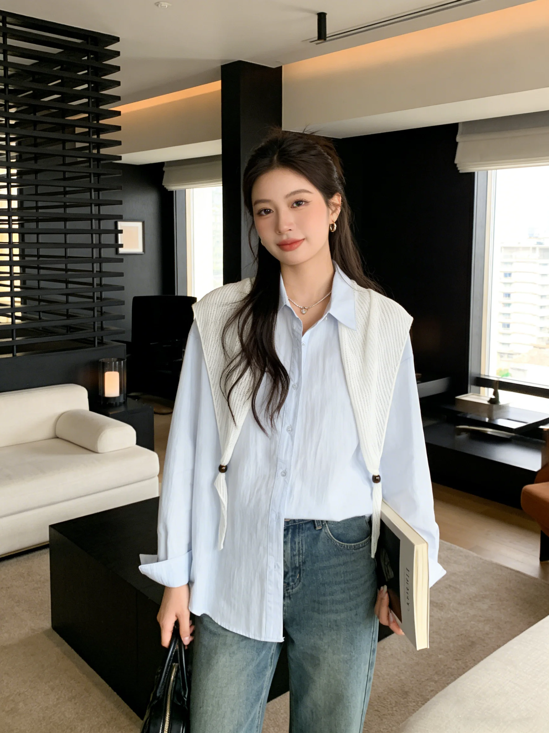 

Светло-голубая женская рубашка с воротником, защитой от солнца, свободного кроя, новая весенняя модель в корейском стиле, дышащая и удобная