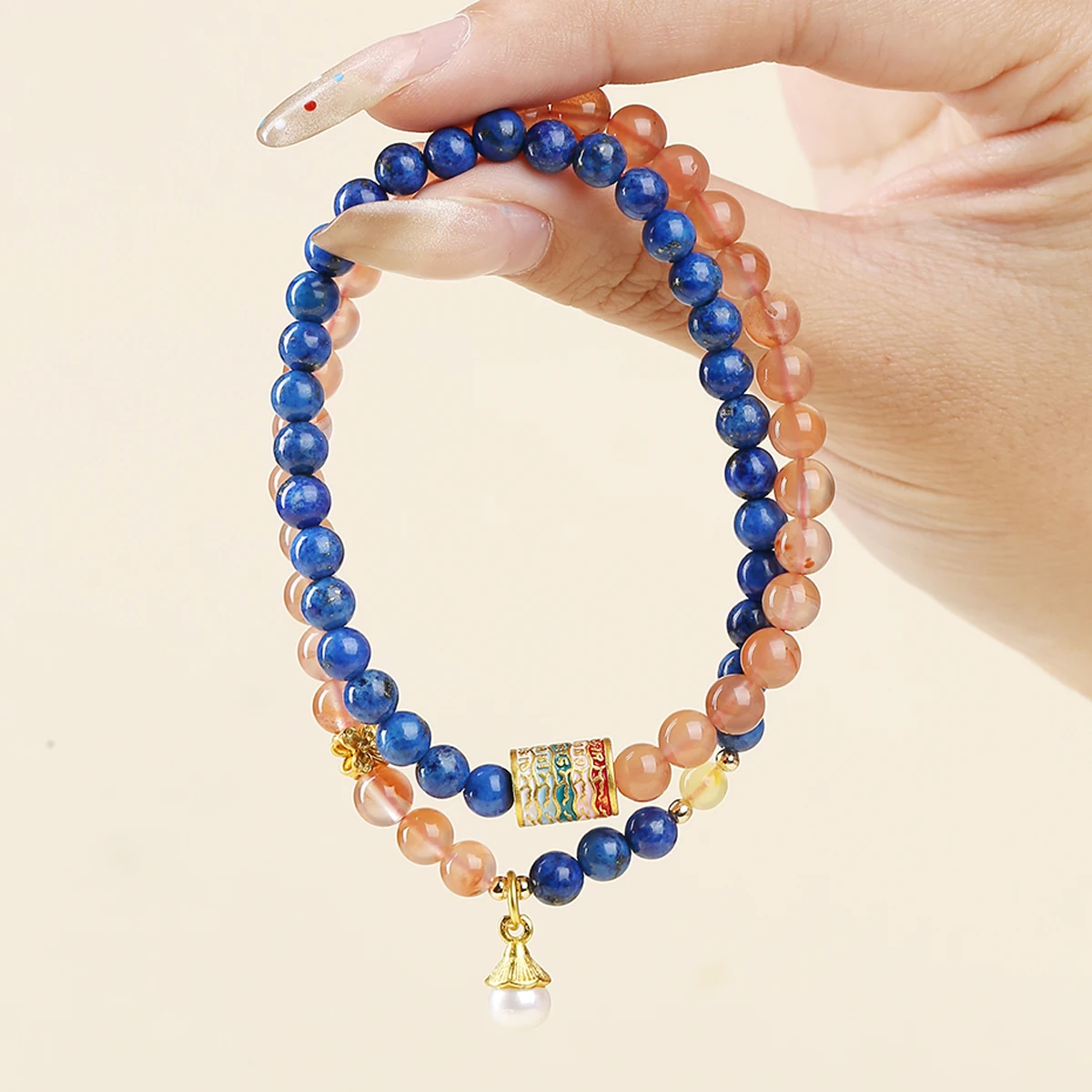 JD New Design China Red Agate Lapis Lazuli Buddhist Scriptures 2-Layer Bracelet Women Natural Stone Stretch Energy Bracelet Gift