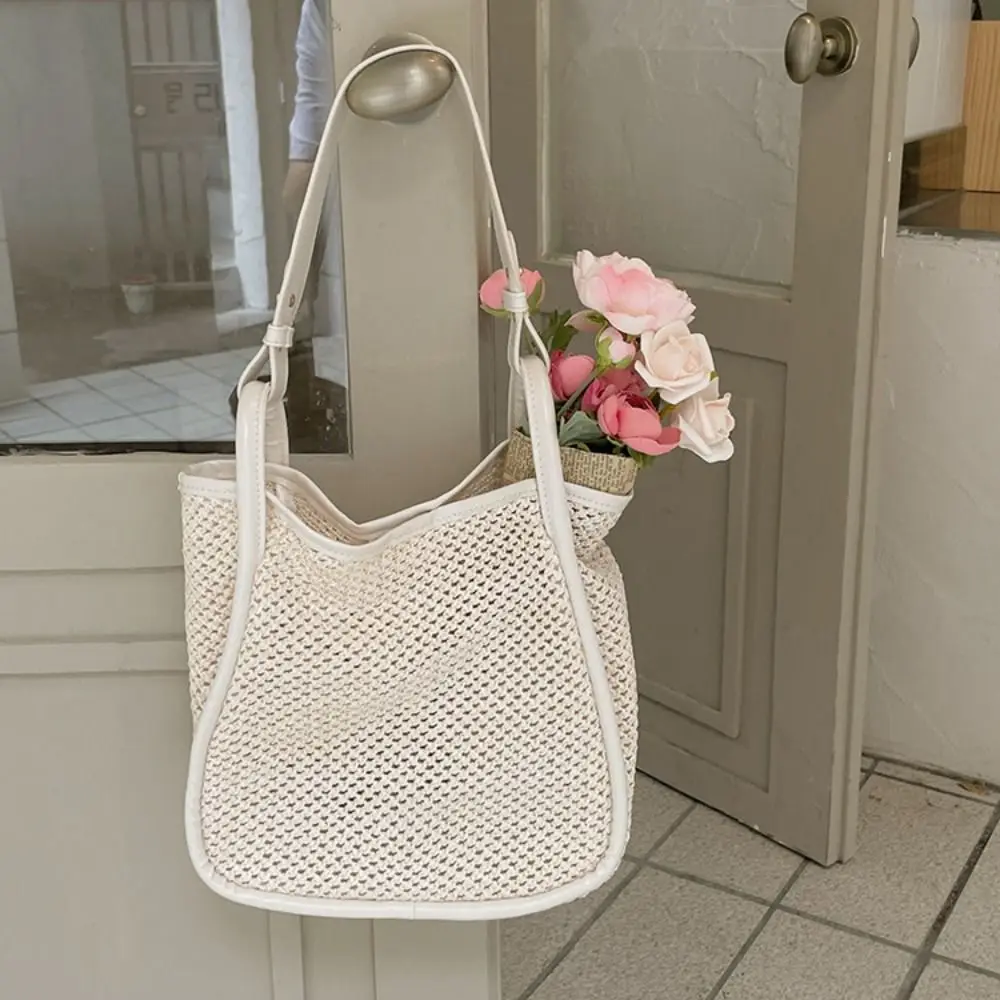 Woven Straw Bag Fashion Large Capacity Leather Handles Underarm Bag Bohemian White Beach Bucket Bag