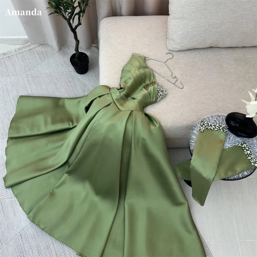 Amanda Customized Green One Shoulder A-Line Prom Dresses Rhinestones Lace-Up vestidos de noche Detachable Sleeves Formal Evening