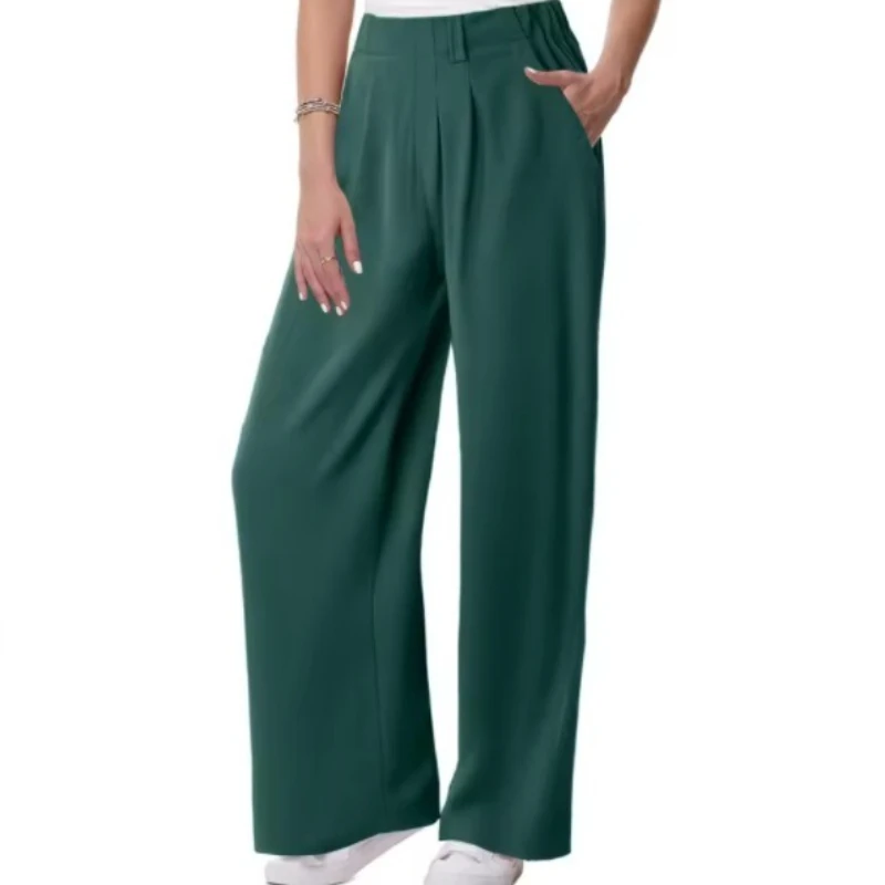 Women's Solid Color Pants with Pocket Elastic Waist Straight Tube Loose Stretch Pants Wide Streetwear Joggers Baggy Long Pants
